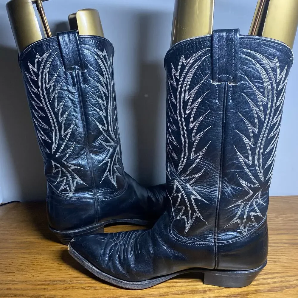 Vintage Nocona Mens 8.5 D Black Leather Western Cowboy Boots White Pointed Toe